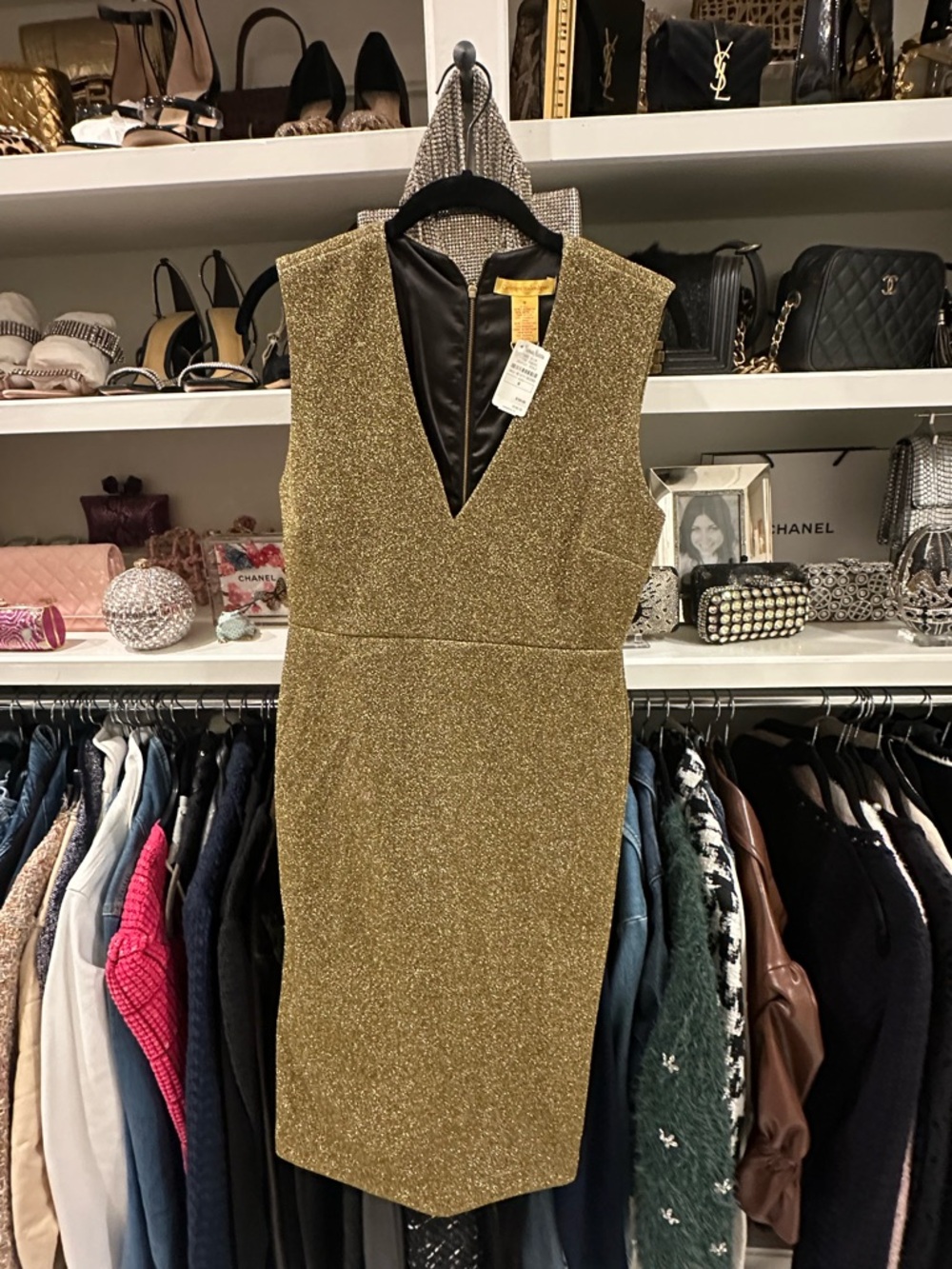 Catherine Malandrino Gold Sparkle V-Neck Sheath Dress